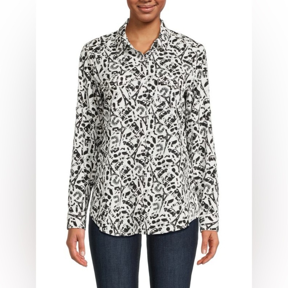 Karl Lagerfeld Paris‎ Black & White Print Button-Up Shirt - Size S